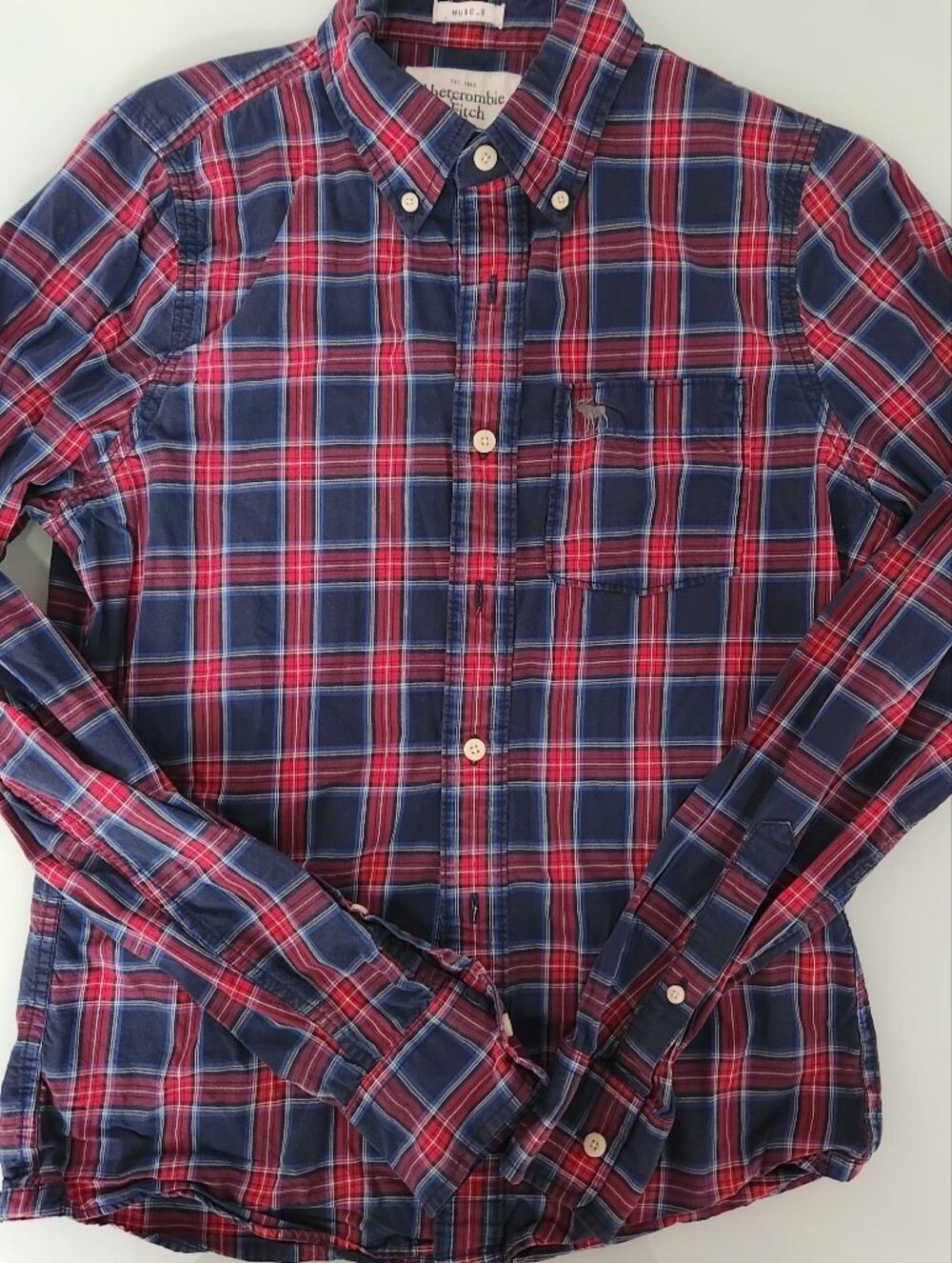 Abercrombie & Fitch Red and Navy Plaid Button-Down Shirt